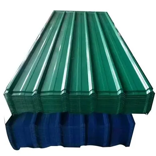 Stack of green and blue corrugated sheets