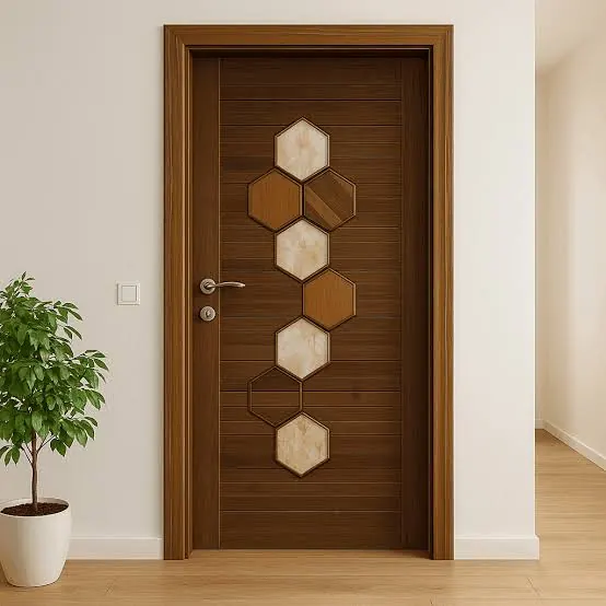 Wooden door with hexagon pattern