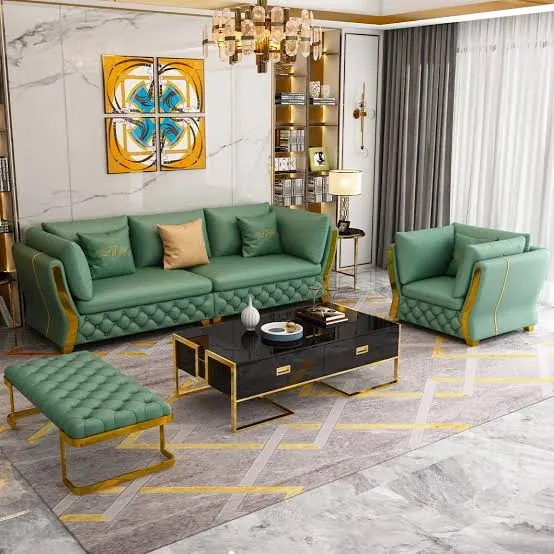 Green velvet sofa set with gold frame